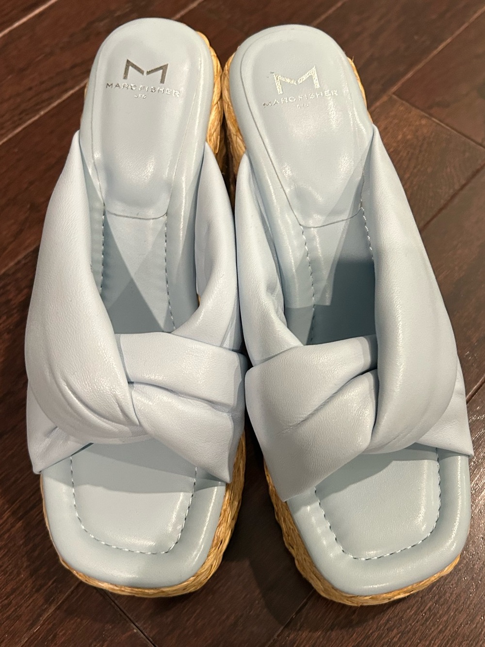 Marc Fisher Pale Blue Knotted Leather Espadrille Mules